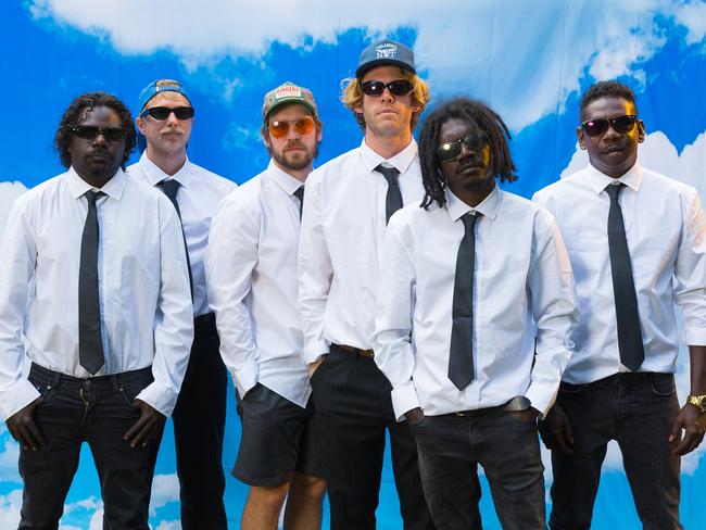 ***EXCLUSIVE FOR THE AUSTRALIAN***  , Northern Territory rock band King Stingray, whose second album 'For The Dreams' was released in 2024. L-R:  Yimila Gurruwiwi, Campbell Messer, Lewis Stiles, Roy Kellaway, Yirrnga Yunupingu and Dimathaya Burarrwanga. Picture: Sam Brumby