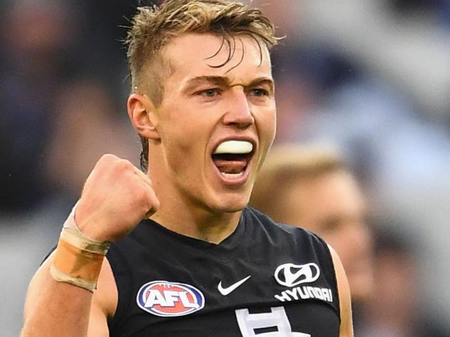 MELBOURNE, AUSTRALIA - MAY 20:  Patrick Cripps of the Blues celebrates kicking a goal during the round nine AFL match between the Carlton Blues and the Melbourne Demons at Melbourne Cricket Ground on May 20, 2018 in Melbourne, Australia.  (Photo by Quinn Rooney/Getty Images)