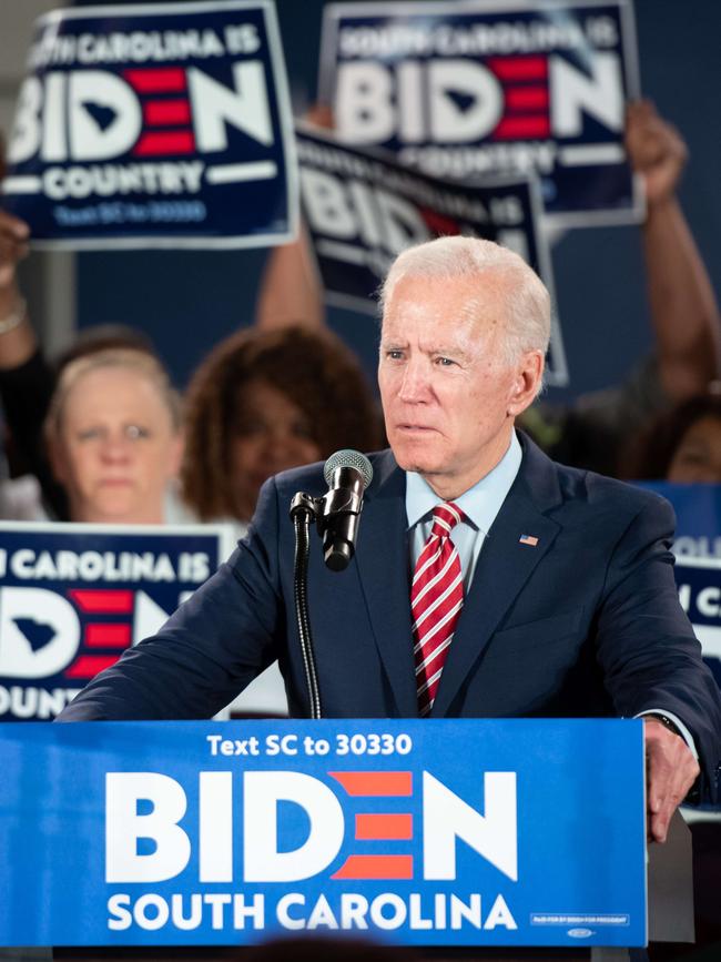 Democratic presidential candidate former Vice President Joe Biden addresses a crowd in Columbia, South Carolina. Picture: Sean Rayford/Getty