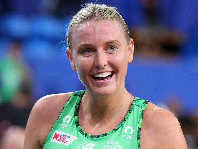 PERTH, AUSTRALIA - APRIL 02: Sasha Glasgow of the fever gives a thumbs up after the win during the round three Super Netball match between West Coast Fever and Collingwood Magpies at RAC Arena, on April 02, 2023, in Perth, Australia. (Photo by James Worsfold/Getty Images)