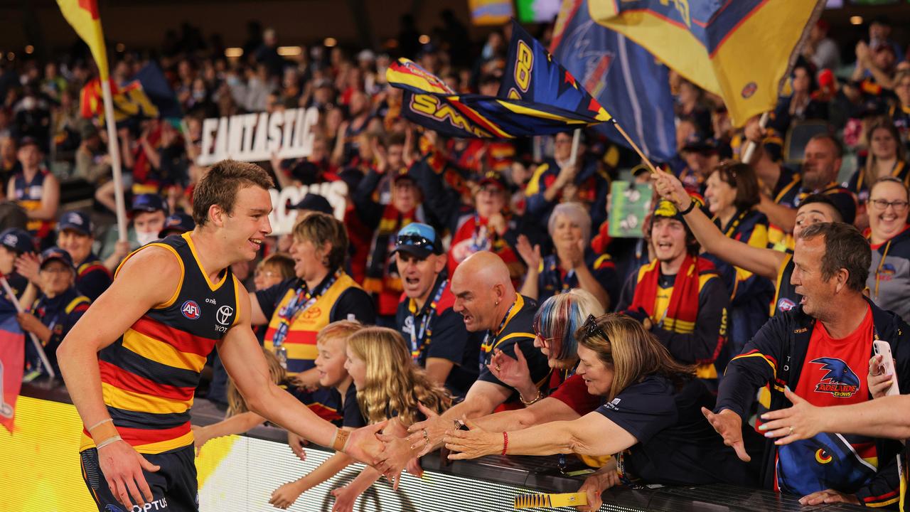 Riley Thilthorpe has quickly won over Crows fans. Picture: Daniel Kalisz/Getty Images Daniel Kalisz/Getty Images