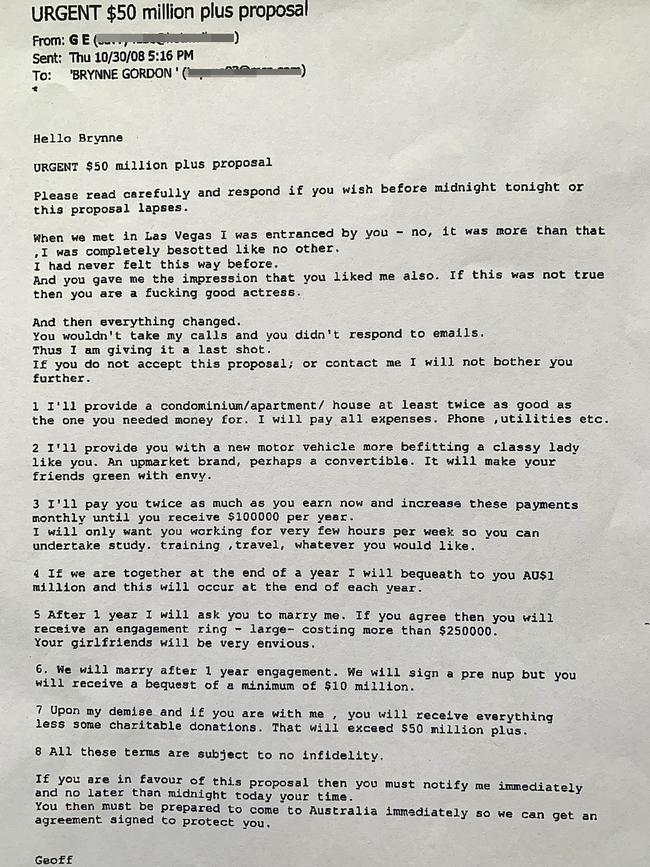 The ‘$50mplus proposal’ email Brynne allegedly received from Edelsten two weeks after the couple met on a blind date.