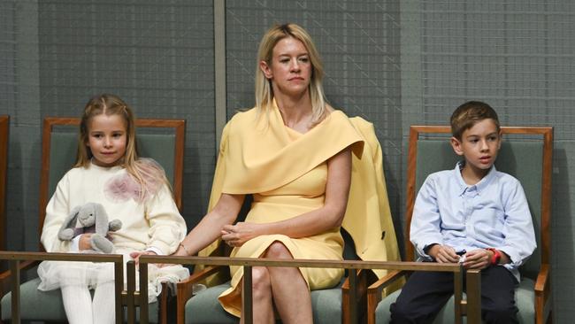 Laura Chalmers and children arrive for the 2024-25 Federal Budget at Parliament House in Canberra. Picture: NCA NewsWire / Martin Ollman