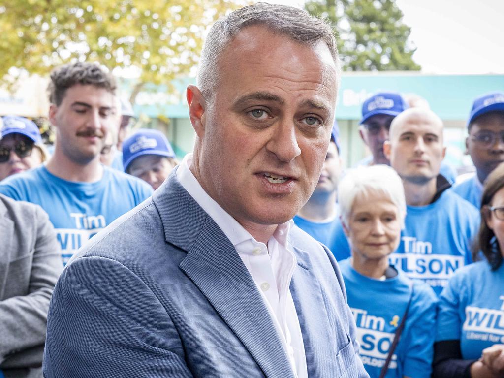 Liberals candidate, Tim Wilson celebrates after defeating Independent Zoe Daniel in the seat of Goldstein. Picture: Jake Nowakowski