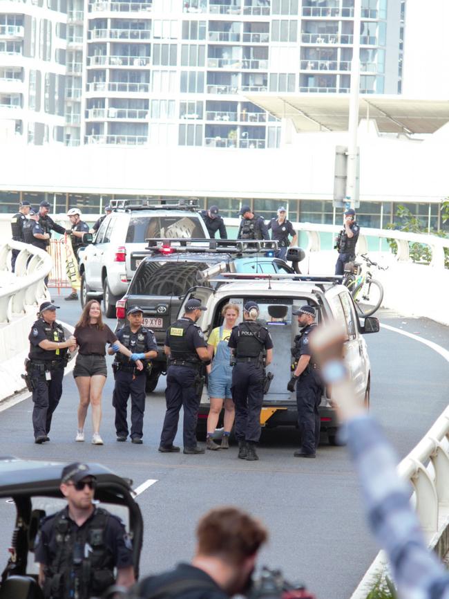 Two women have been arrested following a protest on the Turbot St on-ramp.