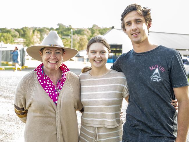 (from left) Sal Trotter, Hannah Trotter and Jayden Barker at Meatstock, Toowoomba Showgrounds. Friday, April 8, 2022. Picture: Nev Madsen.