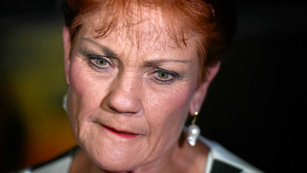 One Nation leader Senator Pauline Hanson speaks to the media as she leaves the campaign party house in Buderim. Picture: MICK TSIKAS