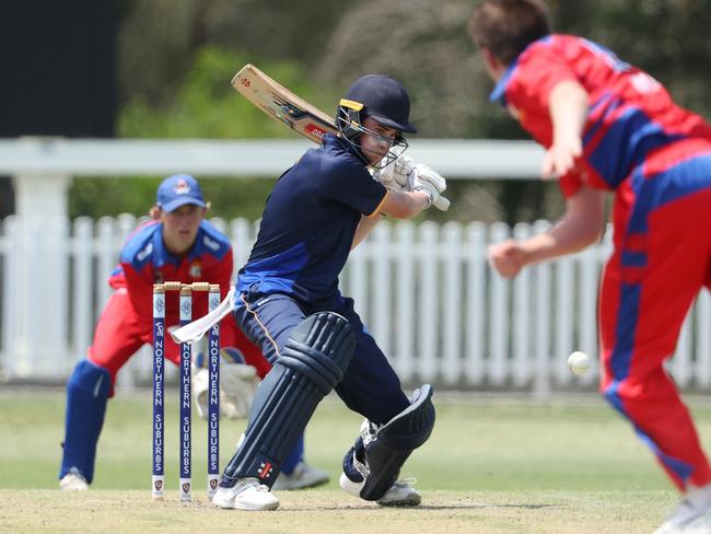 Eli Brain batting for Northern Suburbs against Toombul in their Under 17 cricket clash at Ian Healy Oval on Sunday. Picture Lachie Millard