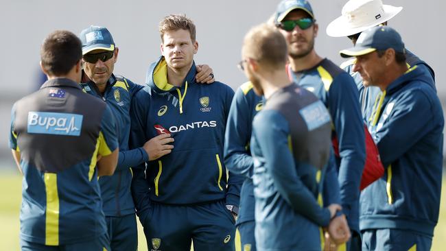 Justin Langer speaks to Steve Smith during the Australia Nets session at Headingley Picture: Getty Images.