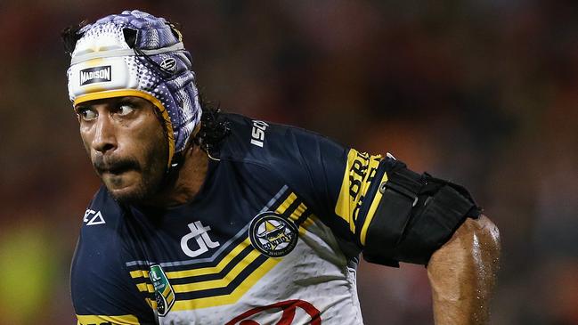 Cowboys Johnathan Thurston throws a pass that results in a try during NRL match Penrith Panthers v Nth Qld Cowboys at Penrith. pic. Phil Hillyard