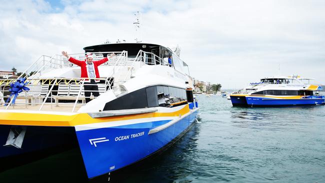 Co Director Richard Ford of Manly Fast Ferries dons a Santa outfit to launch the two new Fast Ferry boats starting service today. Picture: Braden Fastier