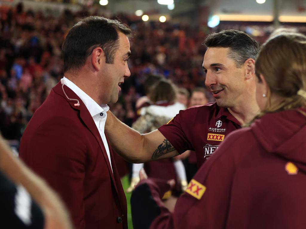 Cameron Smith and Billy Slater after claiming the decider between Queensland and New South Wales at Suncorp Stadium. Picture: Adam Head