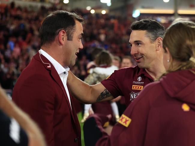 Cameron Smith and Billy Slater after claiming the decider between Queensland and New South Wales at Suncorp Stadium. Picture: Adam Head