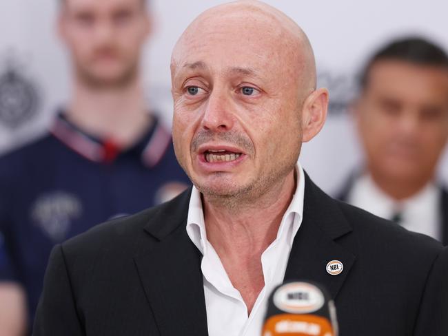 SYDNEY, AUSTRALIA - MAY 12:  NBL owner Larry Kestelman speaks to the media during a NBL media announcement at Hoops Capital East on May 12, 2025 in Sydney, Australia. (Photo by Matt King/Getty Images for the NBL)