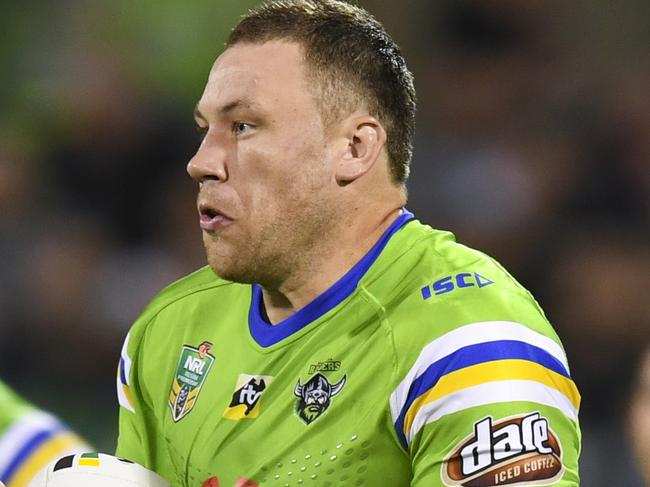 Shannon Boyd of the Raiders in action during the Round 4 NRL match between the Canberra Raiders and the Canterbury-Bankstown Bulldogs at GIO Stadium in Canberra, Thursday, April 5, 2018. (AAP Image/Lukas Coch) NO ARCHIVING, EDITORIAL USE ONLY