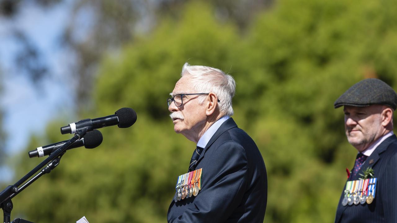 Dave Melandri of Toowoomba Legacy reads the Veteran's Covenant at the Anzac Day Toowoomba mid-morning Service of Remembrance at the Mothers' Memorial, Tuesday, April 25, 2023. Picture: Kevin Farmer