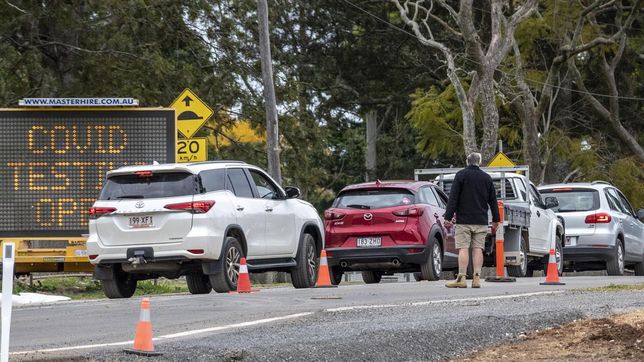 Covid testing line up at Baillie Henderson hospital. Picture: Nev Madsen.