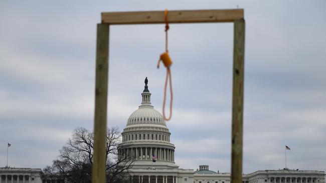 A noose is seen on makeshift gallows as supporters of US President Donald Trump gather on the West side of the US Capitol in Washington DC on January 6. Picture: AFP