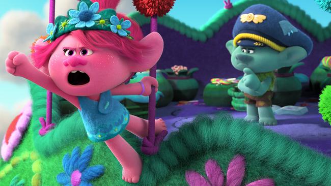 Poppy (voiced by Anna Kendrick) and Branch (voiced by Justin Timberlake) in a scene from the movie Trolls World Tour. Supplied by Universal Pictures.