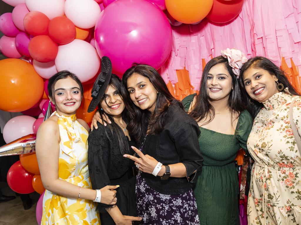 At the Melbourne Cup party at The Rock are (from left) Dea Kishnani, Brinda Desai, Rashmi Bulchandani, Liza Vasdevani and Miral Patel, Tuesday, November 1, 2022. Picture: Kevin Farmer