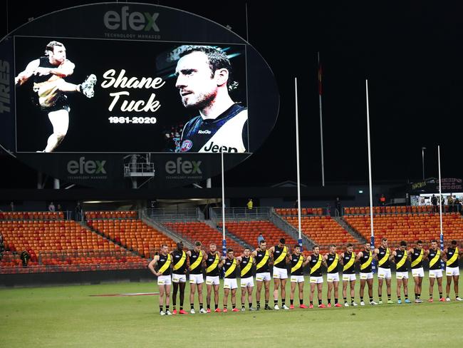 A moments silence for Shane Tuck by Richmond after his death. Picture: Phil Hillyard