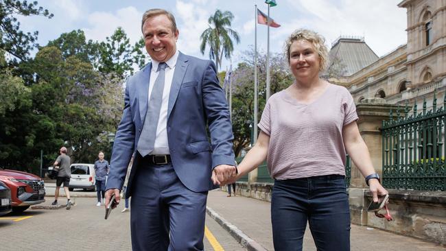 Former premier Steven Miles leaves Parliament House with wife Kim after conceding victory to the LNP on Sunday morning. Picture: Lachie Millard