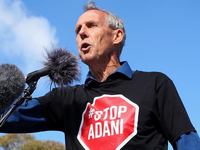 CANBERRA, AUSTRALIA - MAY 05: Bob Brown speaks during a stop-Adani rally outside Parliament House on May 05, 2019 in Canberra, Australia. The stop-Adani convoy of environmental activists led by former Greens leader, Bob Brown, travelled from Tasmania to Canberra via New South Wales and Queensland to bring to light the issue of the Adani coal mine and climate change. (Photo by Lisa Maree Williams/Getty Images)