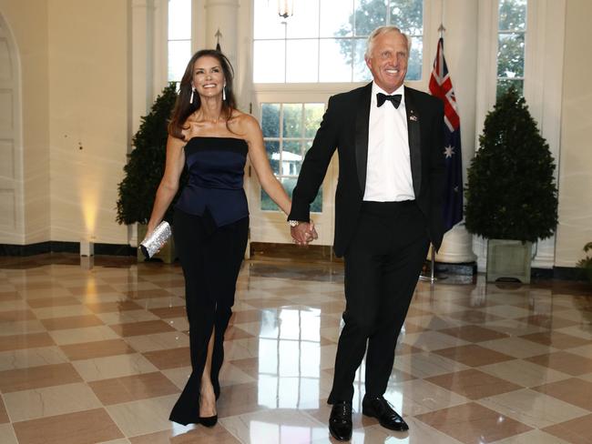 Golfer Greg Norman, right, and wife Kirsten Kutner during a dinner at the White House in September. Picture: AP