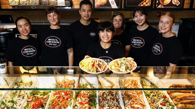 Cairns' first Soul Origin food outlet has opened at Cairns Central Shopping Centre, offering healthy salads and wraps with plenty of vegetarian options. Soul Origin team members Grace Pham, Paula Vaena, Anthony Nguyen, Minami Tsujihata, Kaho Fujii, Lara Benitez and Anna Jorgensen. Picture: Brendan Radke