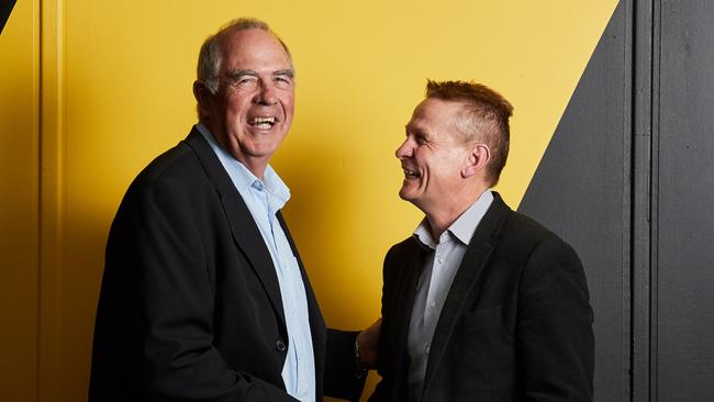 Glenelg president Peter Carey (left), pictured with his predecessor Nick Chigwidden after taking over the role in April 2019. Picture: Matt Loxton