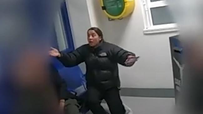 Sam Kerr gestures towards police when speaking with police officer Lovell. Photo: The Australian.