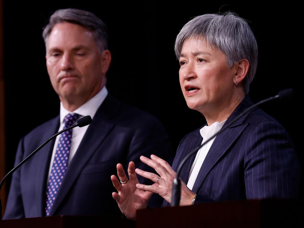 Australian Deputy Prime Minister and Minister for Defense Richard Marles (L) and Australian Foreign Minister Penny Wong hold a joint news conference during the Australia-U.S. Ministerial Consultations. Picture: Chip Somodevilla/Getty Images/AFP