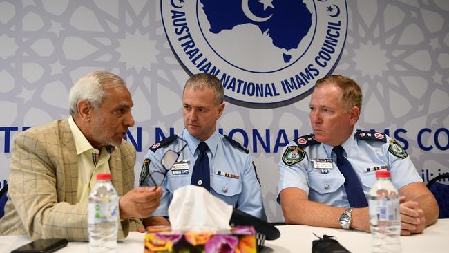 Grand Mufti of Australia Ibrahim Abu Mohamad with Acting Deputy Commissioner Michael Willing and NSW Police Commissioner Mick Fuller today. Picture: AAP