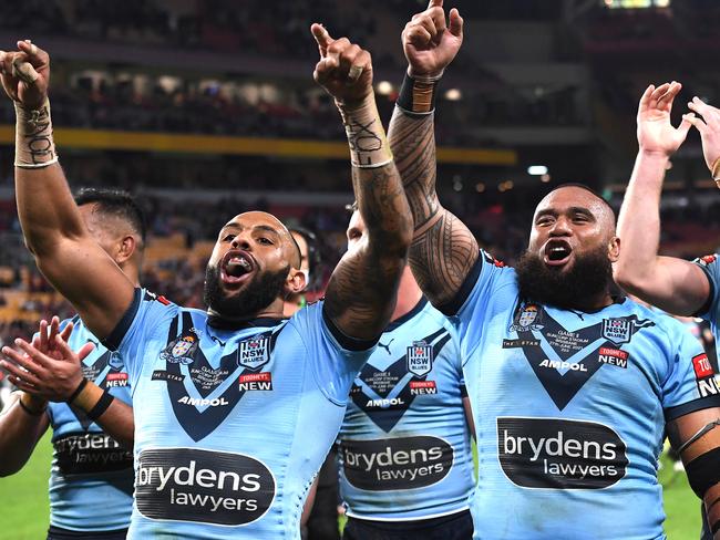 BRISBANE, AUSTRALIA - JUNE 27: The Blues celebrate winning  game two of the 2021 State of Origin series between the Queensland Maroons and the New South Wales Blues at Suncorp Stadium on June 27, 2021 in Brisbane, Australia. (Photo by Bradley Kanaris/Getty Images)