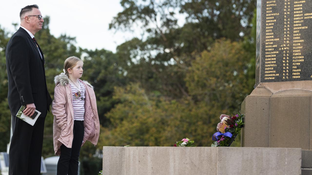 Rob Warrender and daughter Willow Warrender after Toowoomba's Anzac Day Dawn Service at the Mothers' Memorial, Thursday, April 25, 2024. Picture: Kevin Farmer