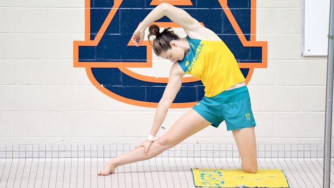 Cate Campbell stretches prior to her first training session at the University of Auburn Aquatic Centre in Alabama. Photo by Delly Carr.