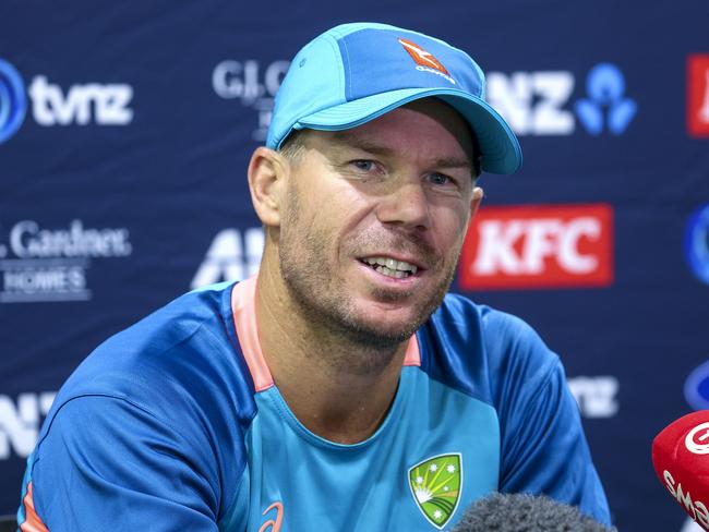 WELLINGTON, NEW ZEALAND - FEBRUARY 19: David Warner of Australia speaks to media during an Australia training session ahead of the Men's T20 International series between New Zealand and Australia at Basin Reserve on February 19, 2024 in Wellington, New Zealand. (Photo by Hagen Hopkins/Getty Images)