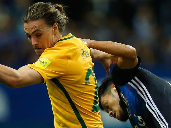 SAITAMA, JAPAN - AUGUST 31:  Jackson Irvine of Australia controls the ball under pressure of Hotaru Yamaguchi of Japan during the FIFA World Cup Qualifier match between Japan and Australia at Saitama Stadium on August 31, 2017 in Saitama, Japan.  (Photo by Kiyoshi Ota/Getty Images)