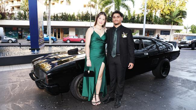 Mahalia Jones and Ferlyn Hunter arrive at the Mount St Bernard College senior formal evening, held at the Pullman Reef Hotel Casino. Picture: Brendan Radke