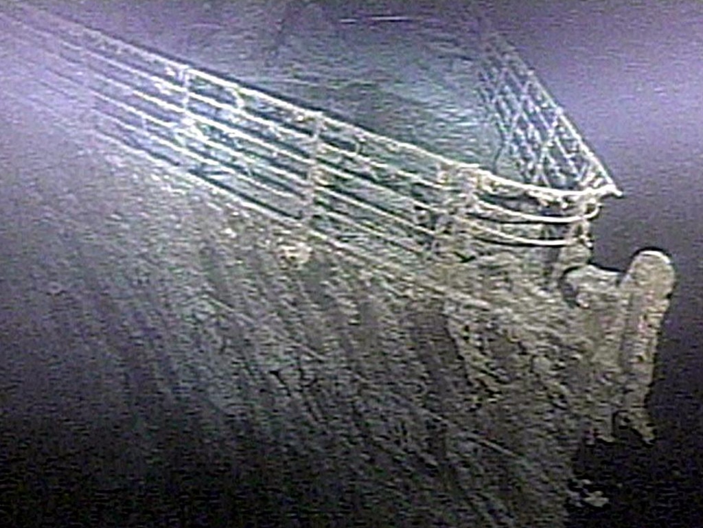 The bow of the RMS Titanic lies on the bottom of the Atlantic Ocean off the coast of Newfoundland, Canada, as viewed by a remotely-operated vehicle on August 10, 1998.