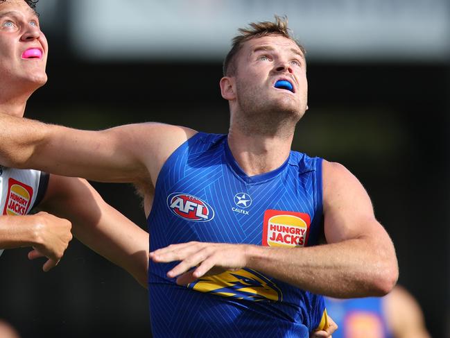 PERTH, AUSTRALIA - FEBRUARY 17: Matt Flynn of the Eagles contests the ruck during the West Coast Eagles AFL Intra Club match at Mineral Resources Park on February 17, 2024 in Perth, Australia. (Photo by James Worsfold/AFL Photos/via Getty Images)