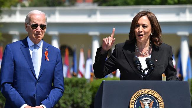 US Vice President Kamala Harris speaks alongside US President Joe Biden. Picture: AFP