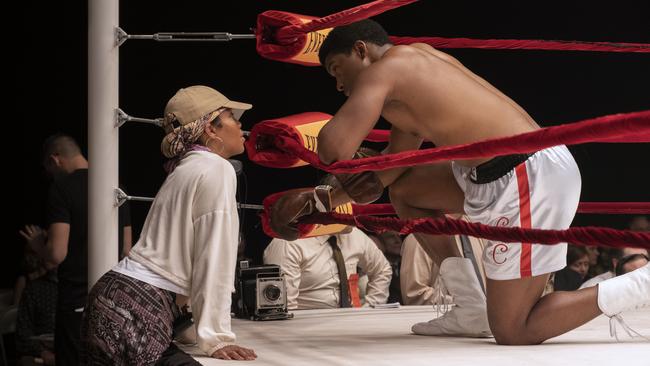 King directs Eli Goree on the One Night In Miami set. Picture: Patti Perret/Amazon Studios