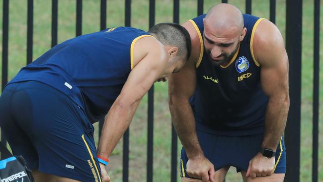 SYDNEY, AUSTRALIA - JANUARY 03:  Jarryd Hayne gets encouragment from Club Captain Tim Mannah during a Parramatta Eels NRL pre-season training session at Old Saleyards Reserve on January 3, 2018 in Sydney, Australia.  (Photo by Mark Evans/Getty Images)