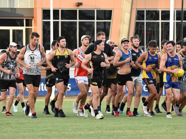 The  NTFL Buffaloes training at TIO Stadium on Wednesday. Picture: Tymunna Clements.