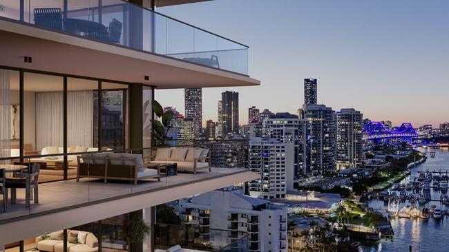 River House residences feature open living, dining areas and full-width balconies taking in vistas of the Story Bridge and Brisbane River extending towards New Farm and beyond.