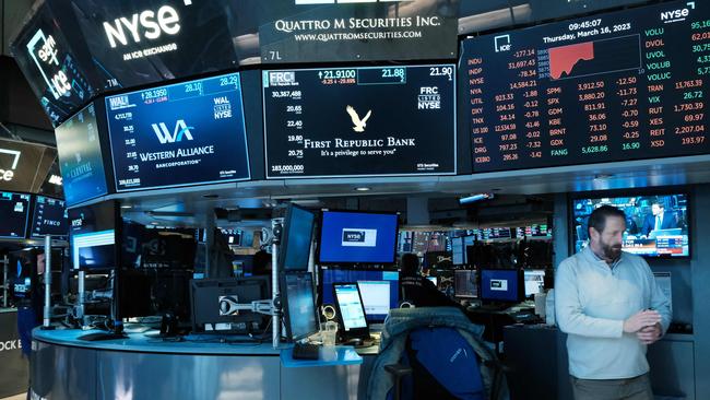 First Republic Bank is displayed on a monitor on the floor of the New York Stock Exchange. Picture: Getty Images via AFP.