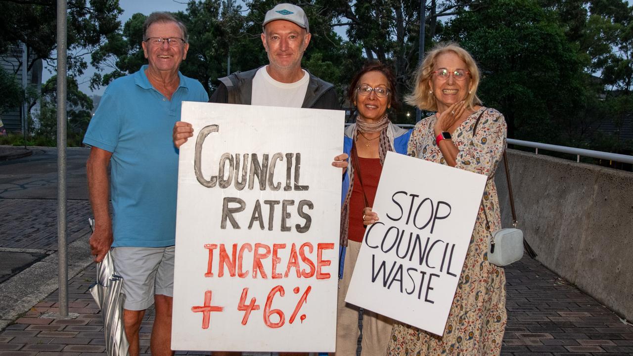 Northern beaches residents Craig Winter, Scott Frazer, Poona Sharna and Barbra Kretowicz protesting on Tuesday night. Picture: Thomas Lisson