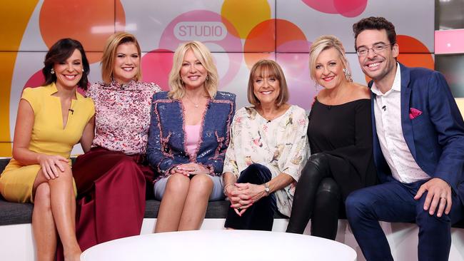 Kerri-Anne Kennerley on the set of Studio 10, with the cast (L-R) Natarsha Belling, Sarah Harris, Denise Drysdale, Angela Bishop and Joe Hildebrand. Picture: Tim Hunter