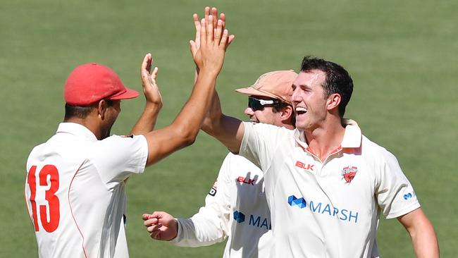 Wes Agar and Daniel Worrall of the Redbacks celebrate during the season. Picture: AAP Image/David Mariuz.